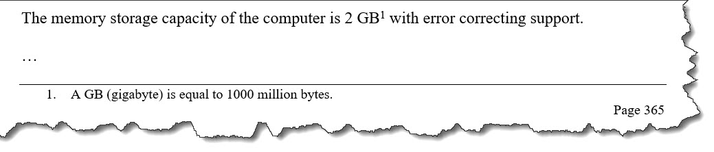 The screen capture shows a text in a document that includes a footnote. In the body of the text, the location of the footnote is marked with the numeral one in superscript. At the bottom on the page, the text of the footnote appears along with the associated numeral one. The edges of the screen capture are tattered, to indicate that the image is part of a larger document.